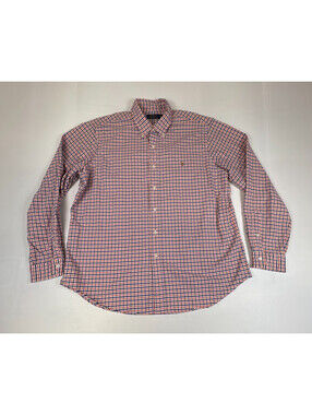 Polo Ralph Lauren Mens Shirt XL Orange Navy Blue Gingham Cotton Button Down